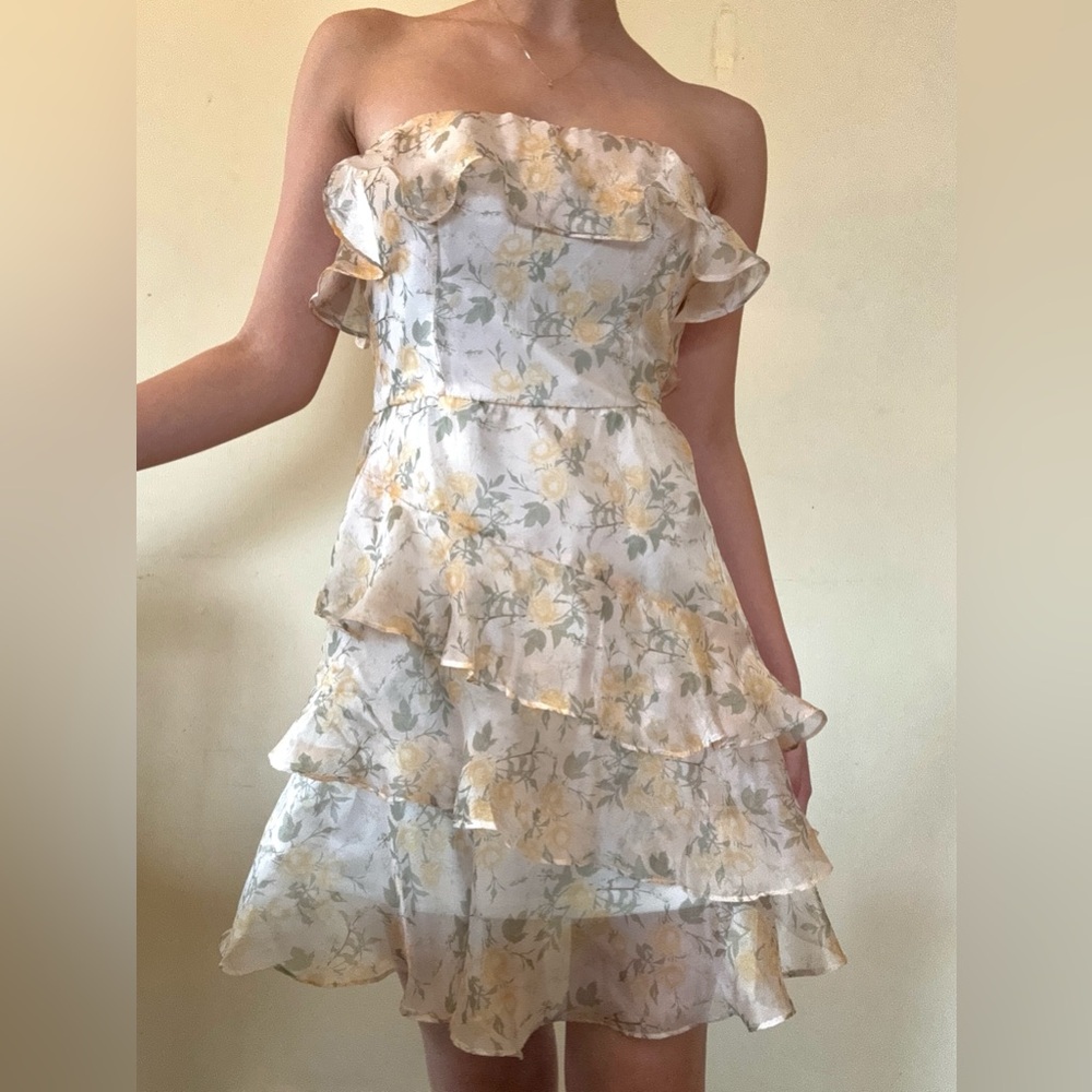 Floral Ruffle Dress in Cream and Yellow